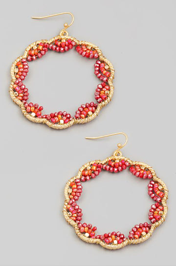 Intricate Wavy Ornate Beaded Hoop Drop Hook Earrings