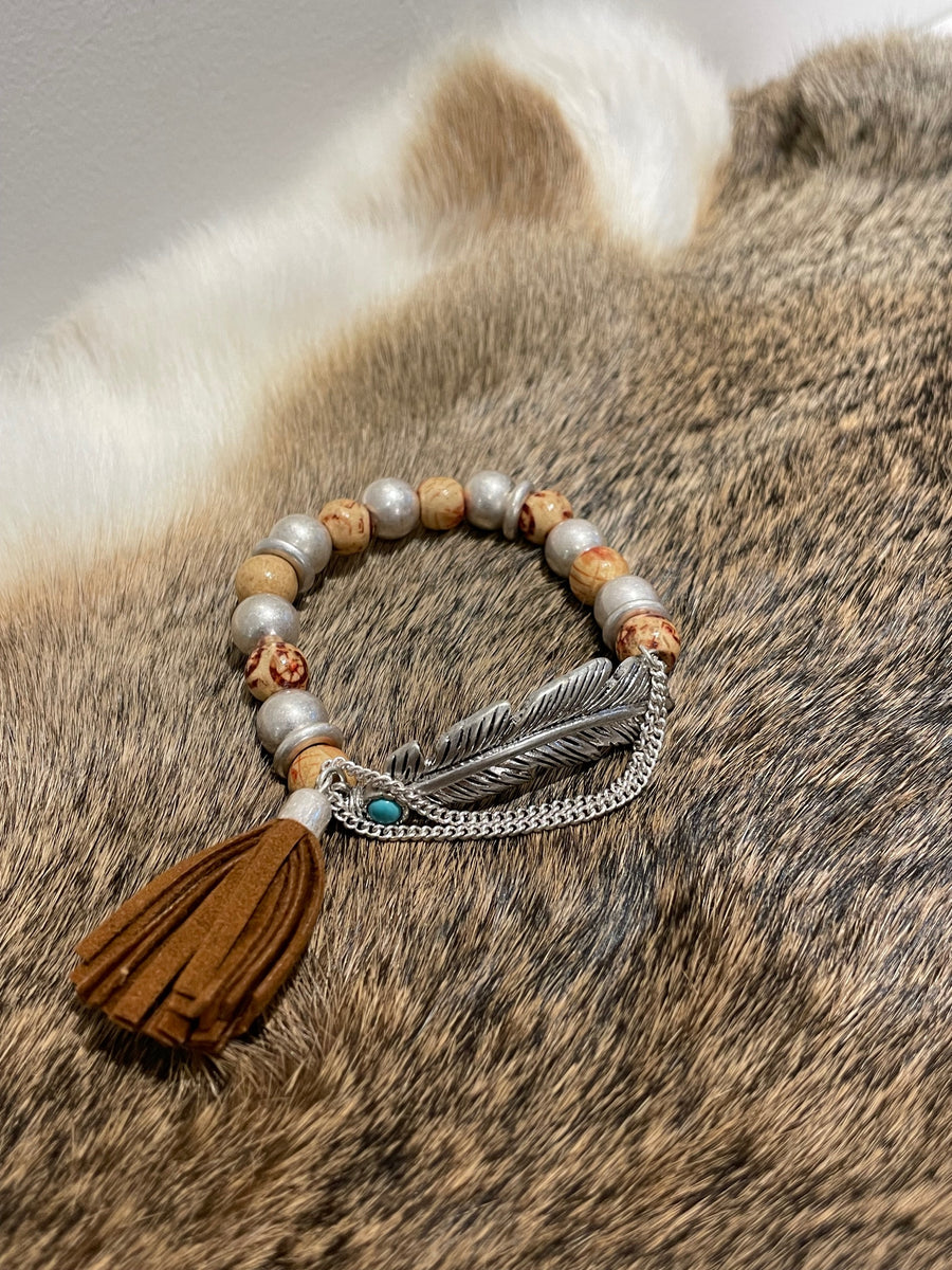 Feather & Tassel Charm Wooden Beaded Bracelet