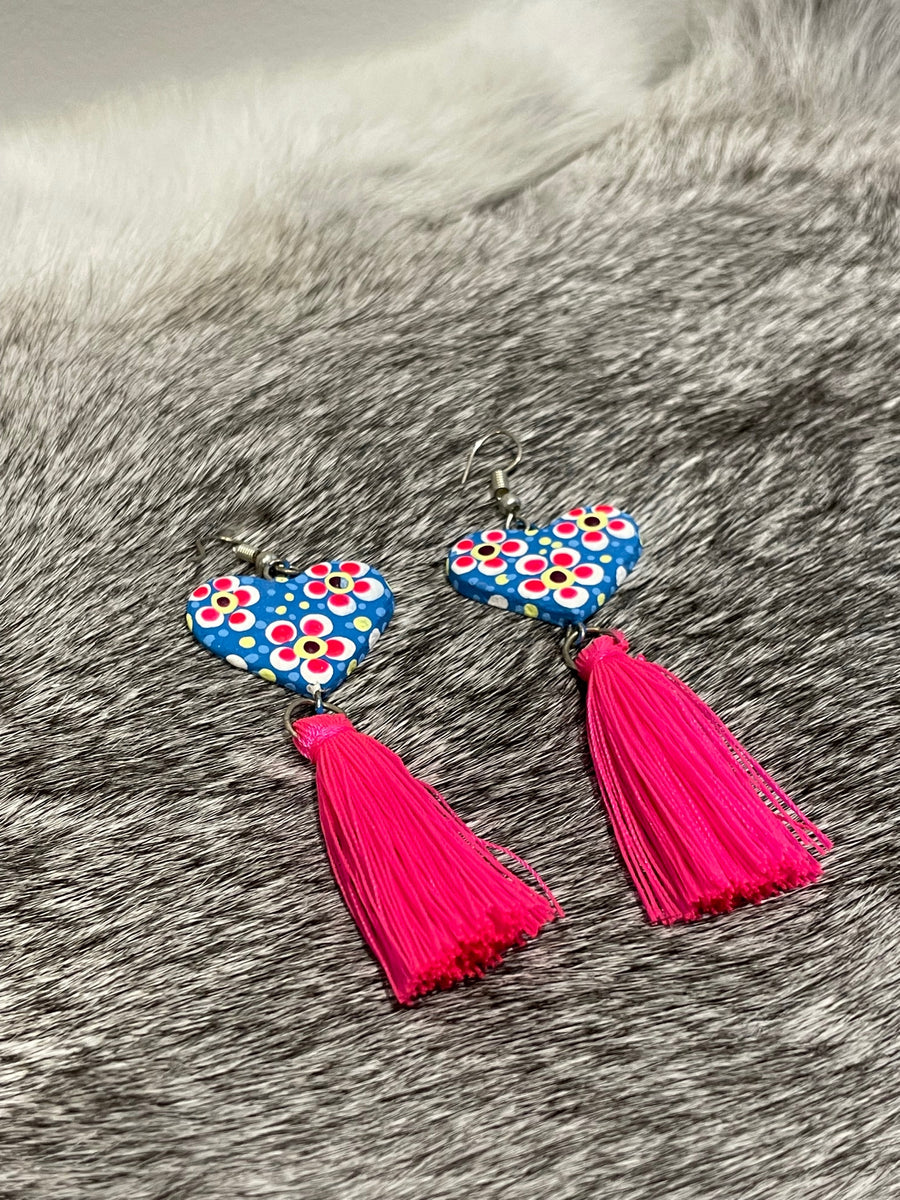 Heart Painted Flower & Tassel Earrings