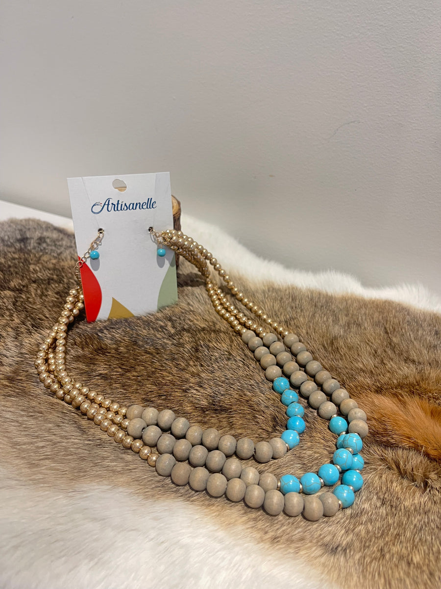 Big Beads Turquoise and Gold Necklace& earring