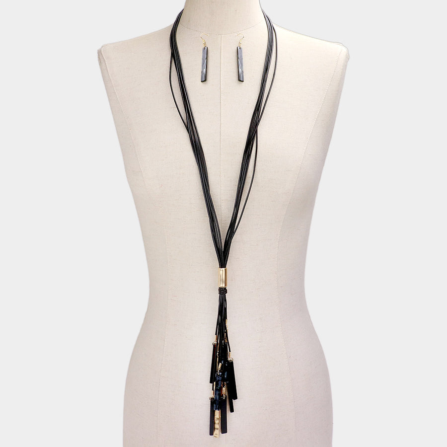 Marbled Bead Metal Rectangle Cluster Cord Layered Long Necklace