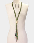 Marbled Bead Metal Rectangle Cluster Cord Layered Long Necklace