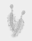 Rhinestone Embellished Metal Feather Dangle Earrings