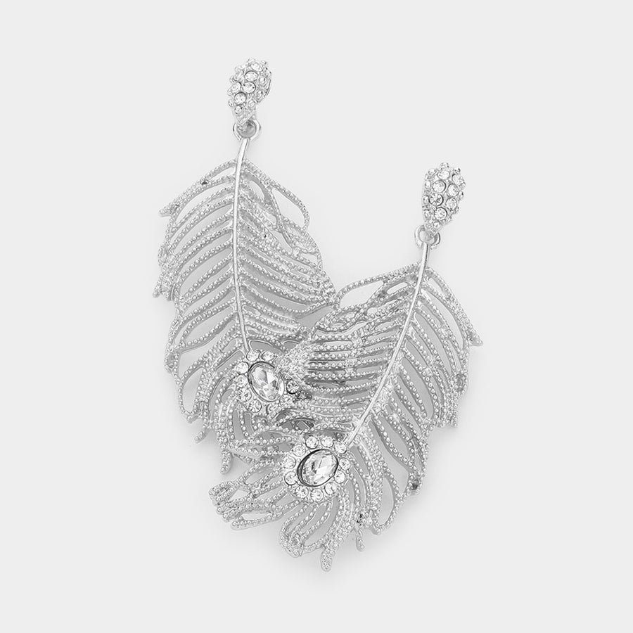 Rhinestone Embellished Metal Feather Dangle Earrings