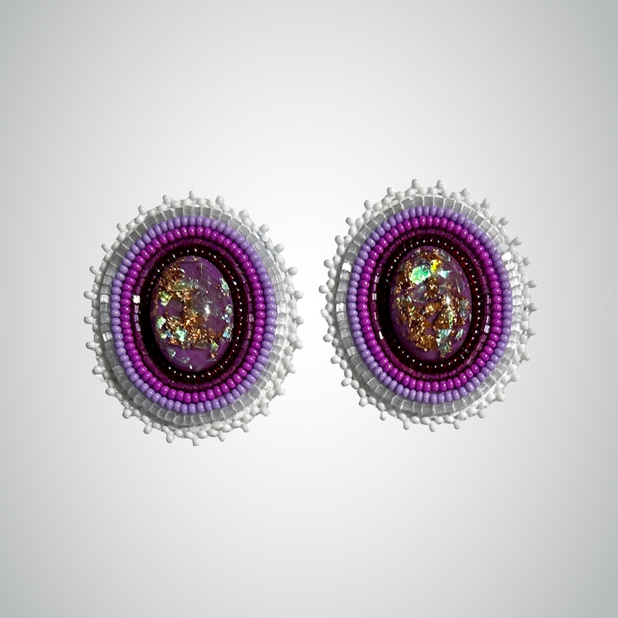 Purple Oval Beaded Earrings.