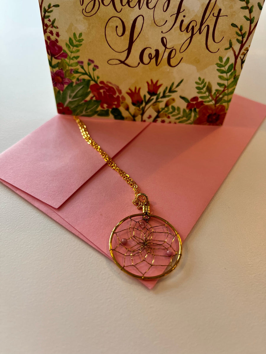 Believe, Fight, Love Card with Gold Dream Catcher Pendant Necklace