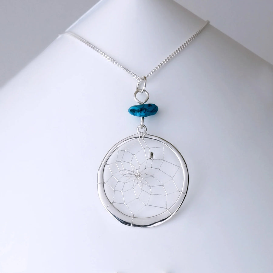 Round Dream Catcher Pendant Necklace with a Turquoise Stone
