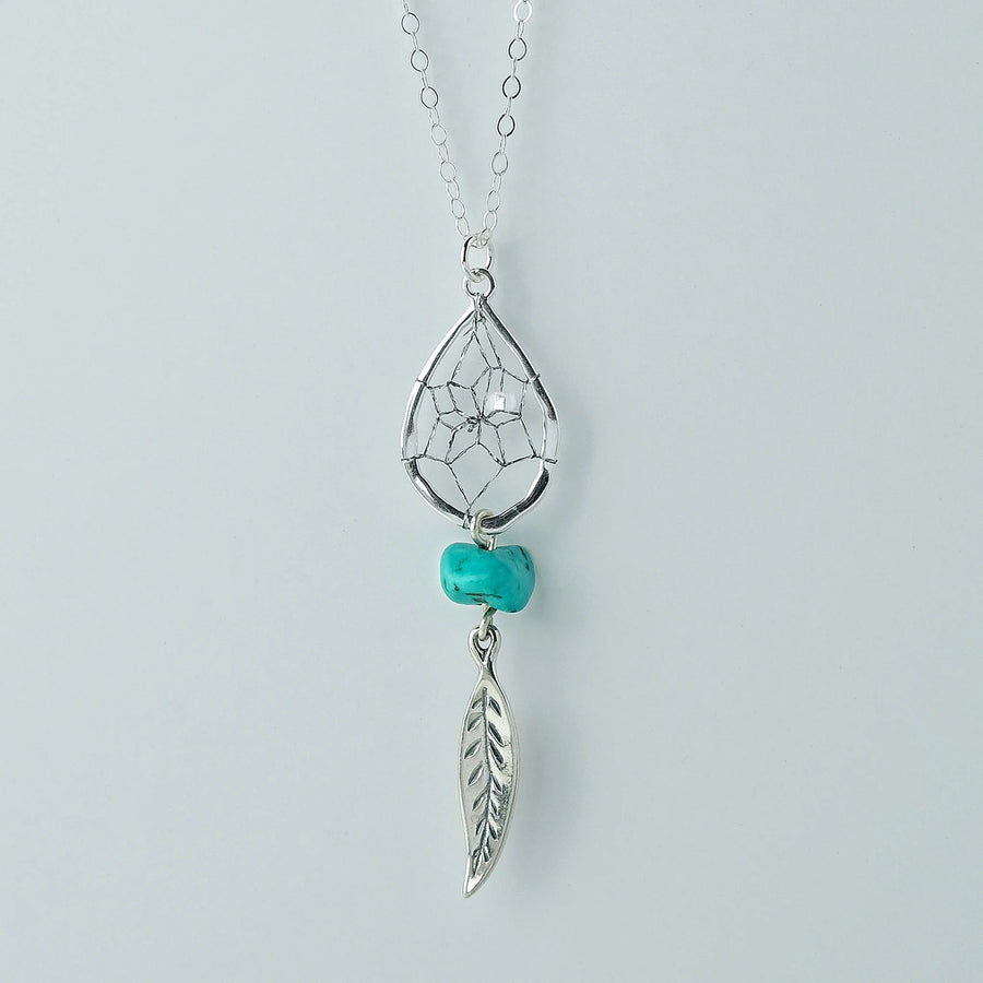 Teardrop Dream Catcher Pendant Necklace with Turquoise Stone