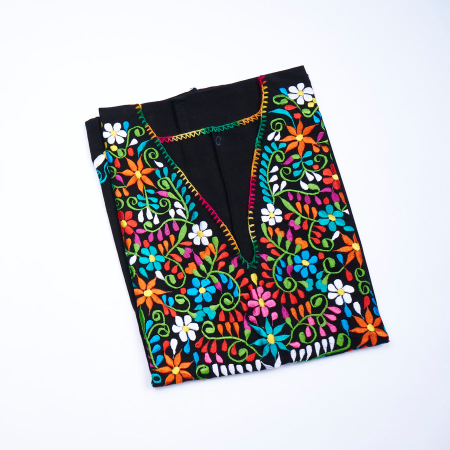 Embroidered Black Floral Blouse With Multicolor Neckline