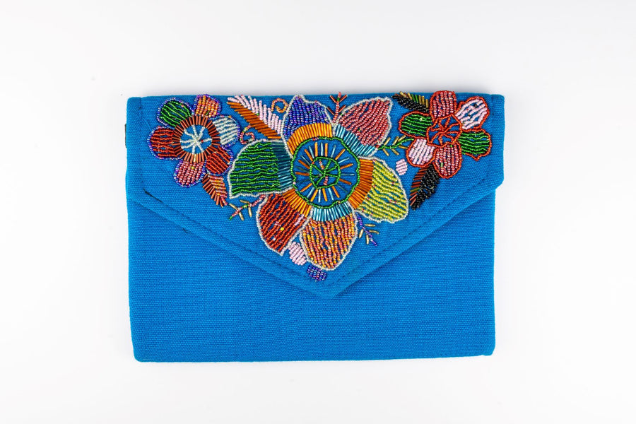 Blue Mexican Beaded and Embroidered Purse
