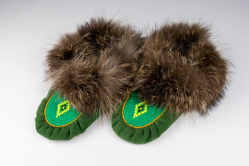 Unisex Green Leather Moccasins with Beaver Fur