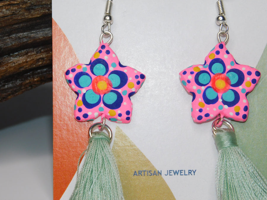 Painted Flower & Tassel Earrings