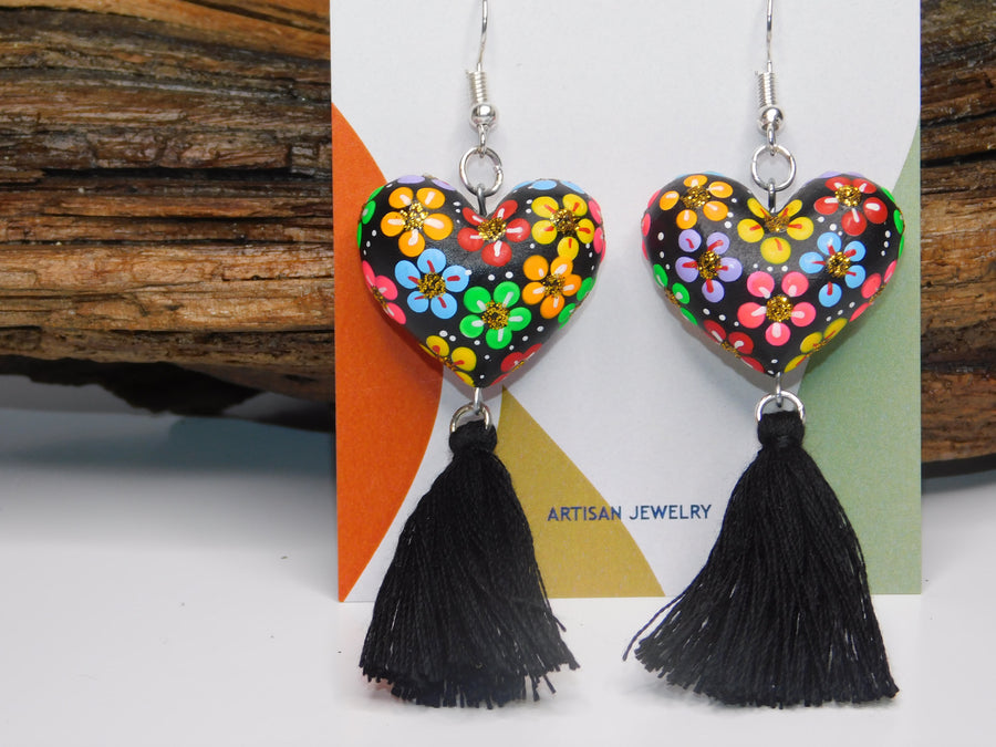 Heart Painted Flower & Tassel Earrings