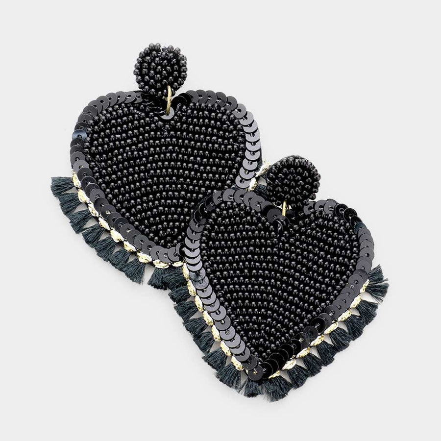 Black Tassel Beaded Heart Dangle Earrings