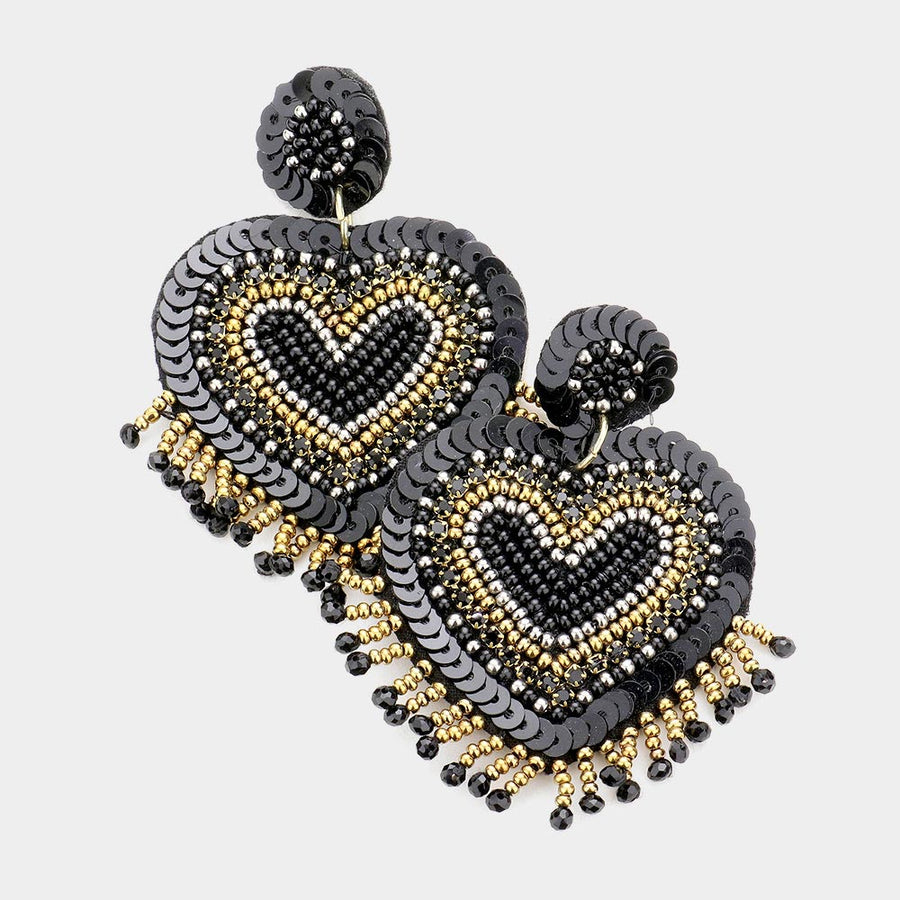 Black and Silver Beaded Heart Dangle Earrings
