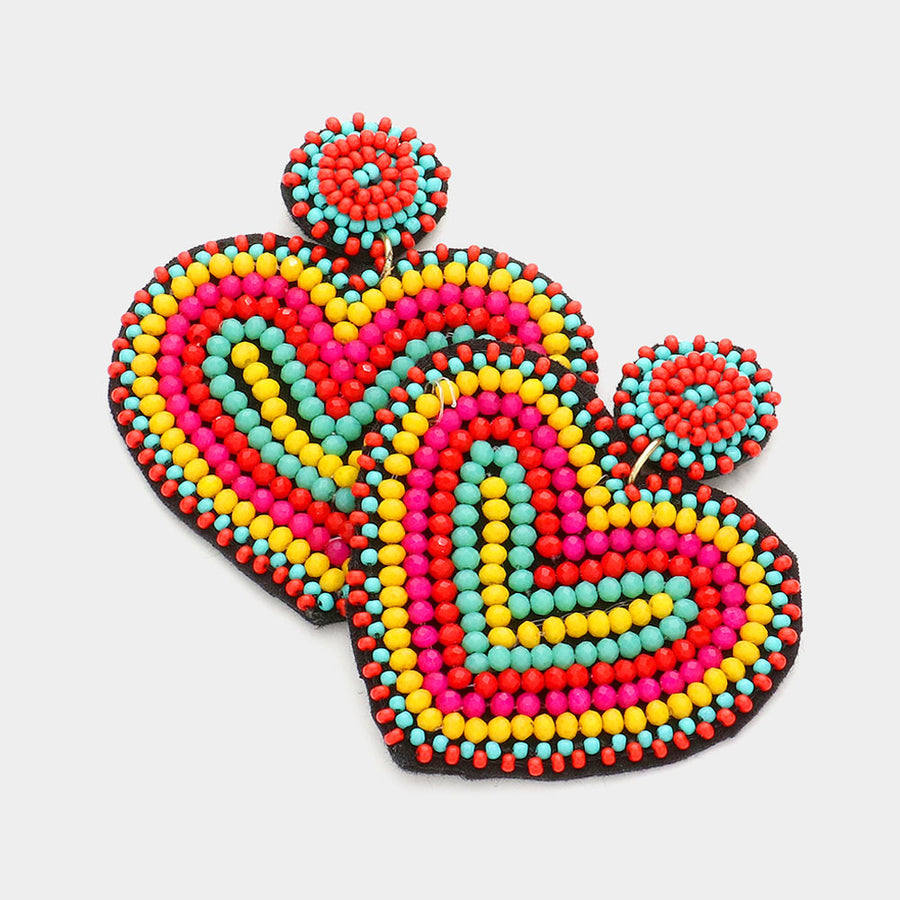 Rainbow Beaded Heart Dangle Earrings