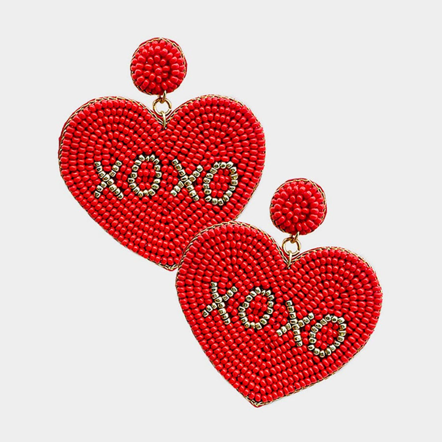 "XOXO" Seed Beaded Heart Dangle Earrings