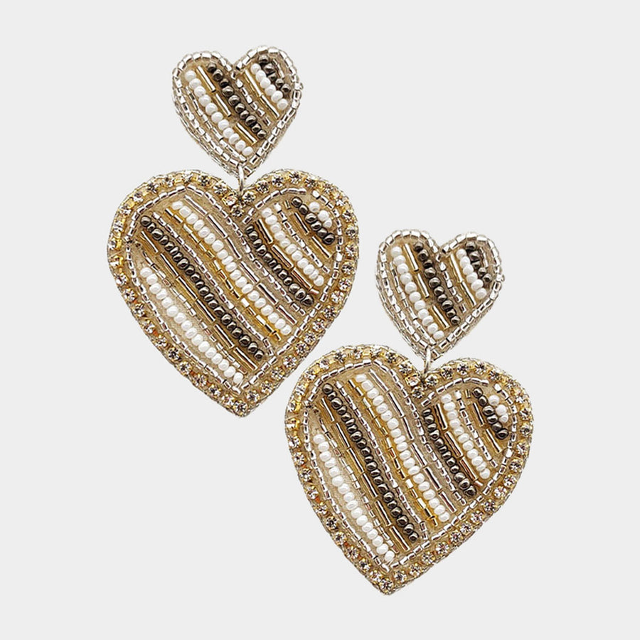 Double Heart Seed Beaded Link Earrings
