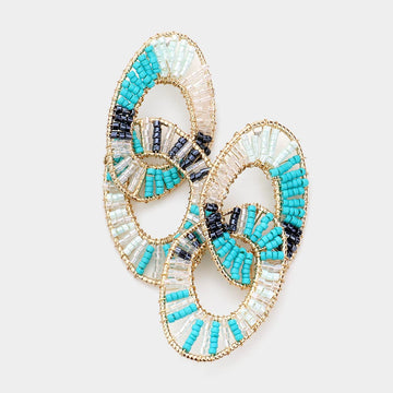 Tiny Bead Embellish Irregular Open Oval Link Earrings
