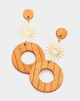 Round Wood Geometric Metal Link Dangle Earrings