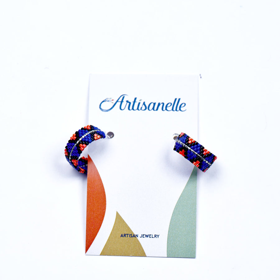 Orange and Blue Hoop Beaded Earrings