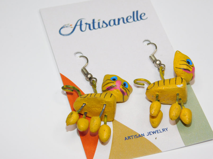 Wooden Hand Painted Cat Earrings