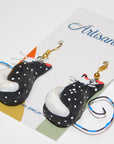 Wooden Hand Painted Black Cat Earrings