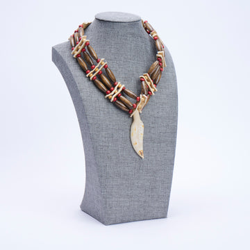 Natural Wood and Bone Necklace - Feather
