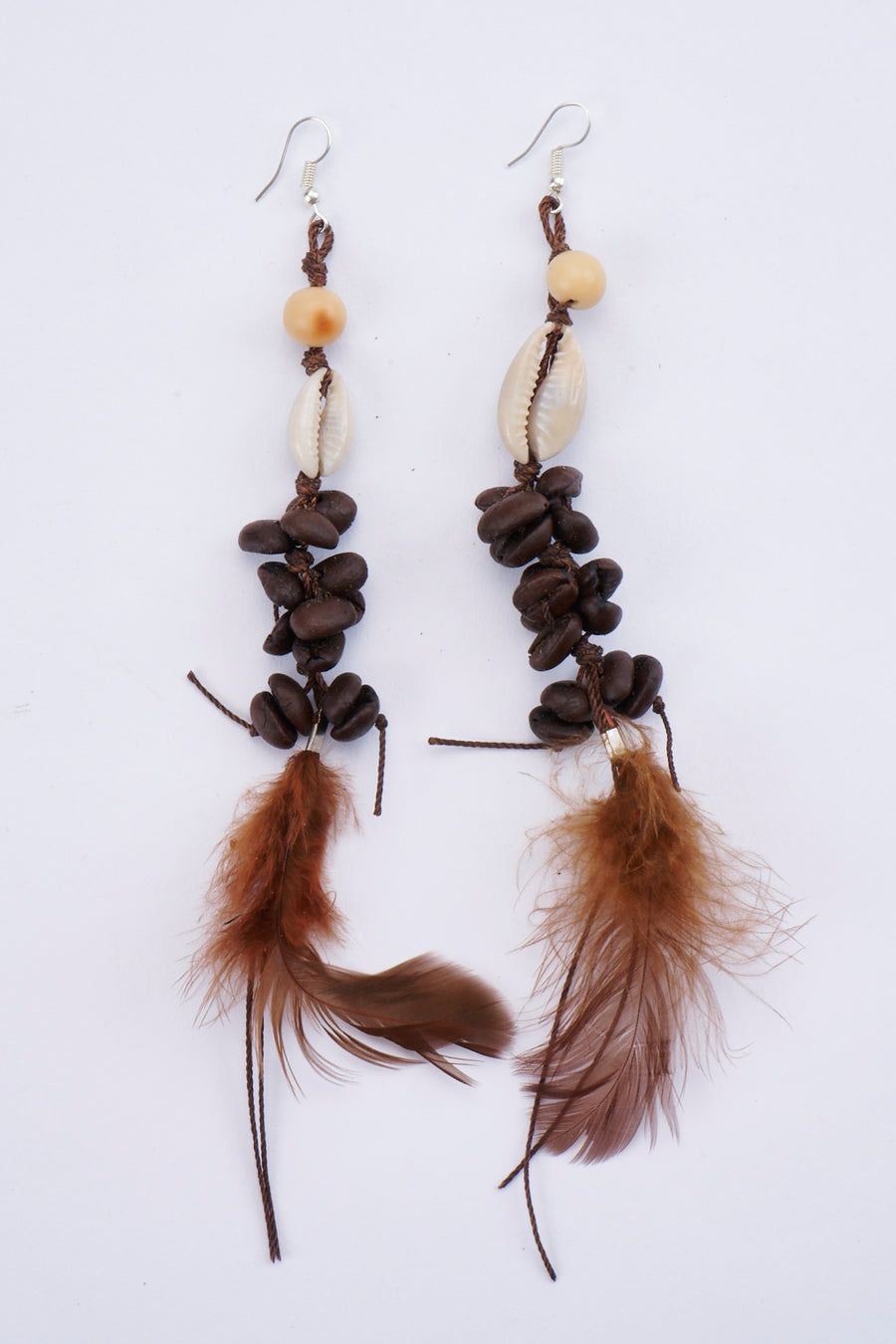Mexican Coffee Bean Extra Long Feather Earrings