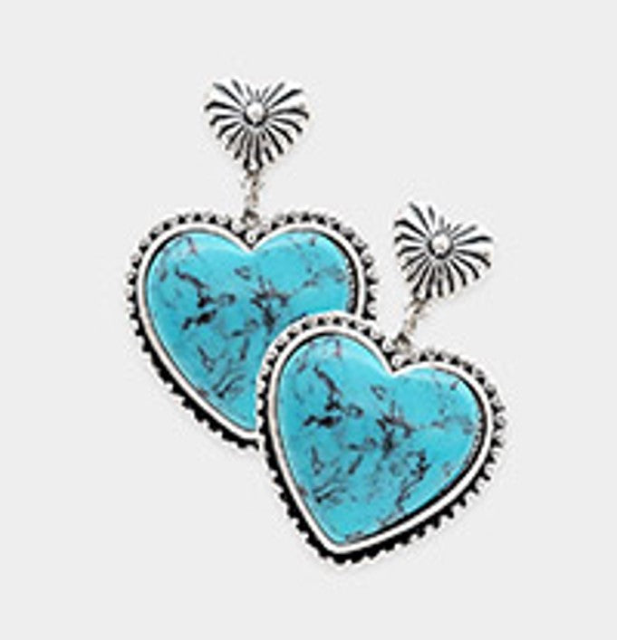 Coloured Turquoise Stone Heart Dangling Earrings