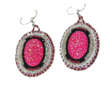 Pink Oval Sparkling Beadwork Earrings