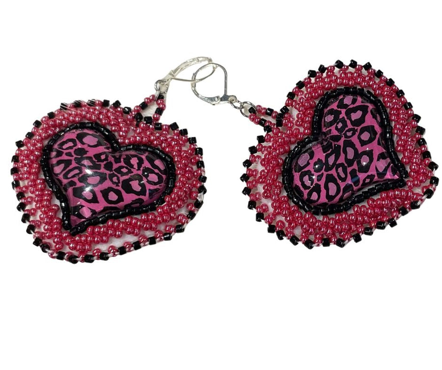Pink Leopard Heart Sparkling Beadwork Earrings