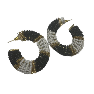 Beaded Black and White Open Hoop Earrings
