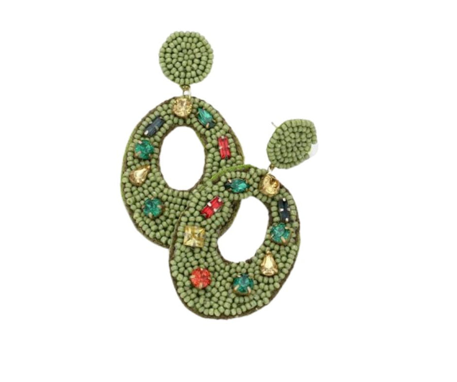 Stone Embellished Seed Beaded Oval Dangle Earrings