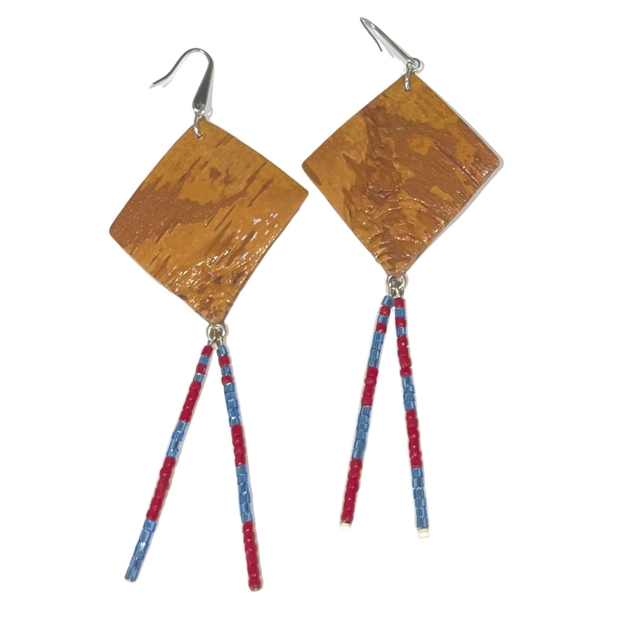 Birch Bark Square Earrings with Beaded Strips